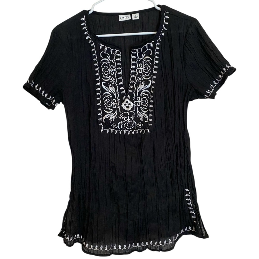 CATO Size L Black White Floral Embroidered Boho Peasant Tunic Top Short Sleeve